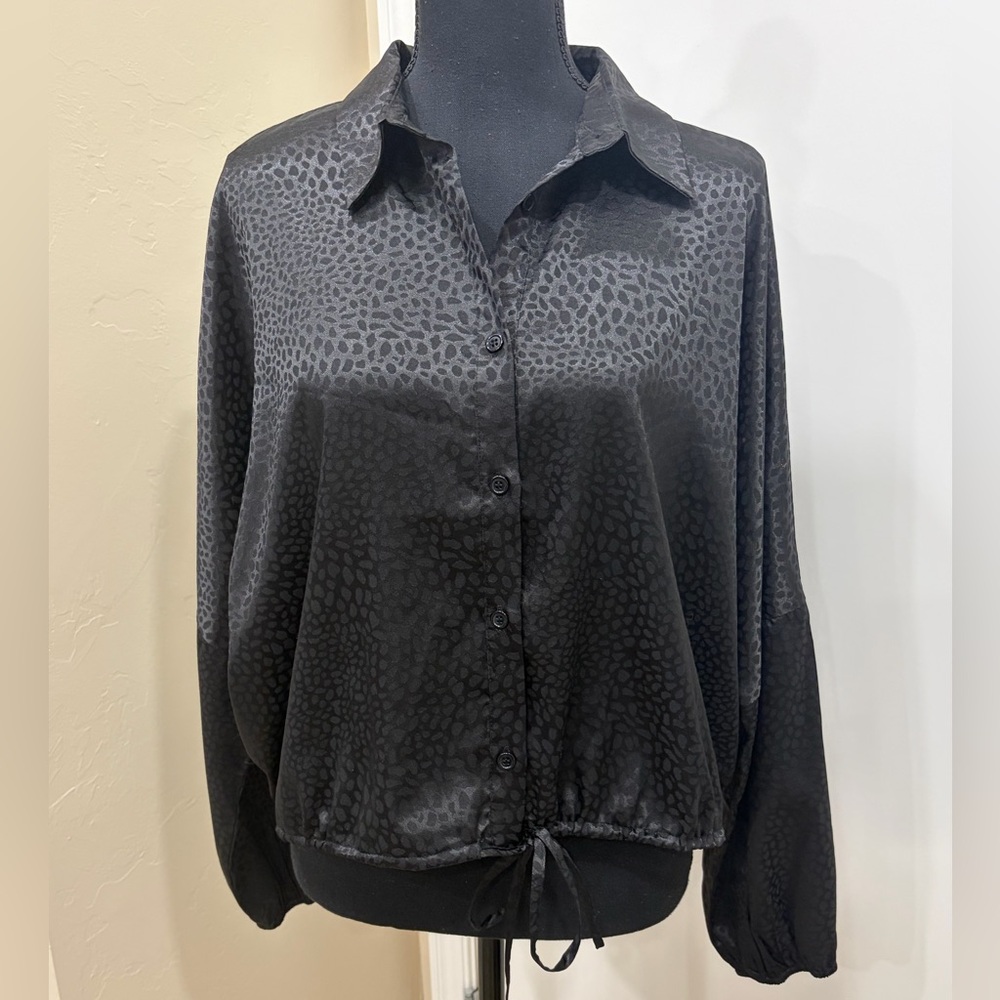 Sadie & Sage Black Satin Button-Front Blouse with Drawstring Hem